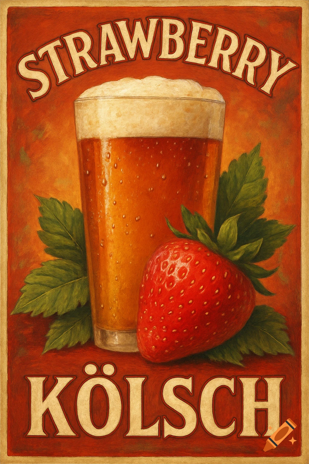 Vintage style painting of a glass of strawberry Kölsch beer next to a strawberry with text 'STRAWBERRY KÖLSCH'.