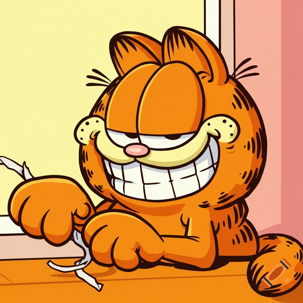 Cartoon illustration of Garfield the cat grinning widely and holding a piece of paper.