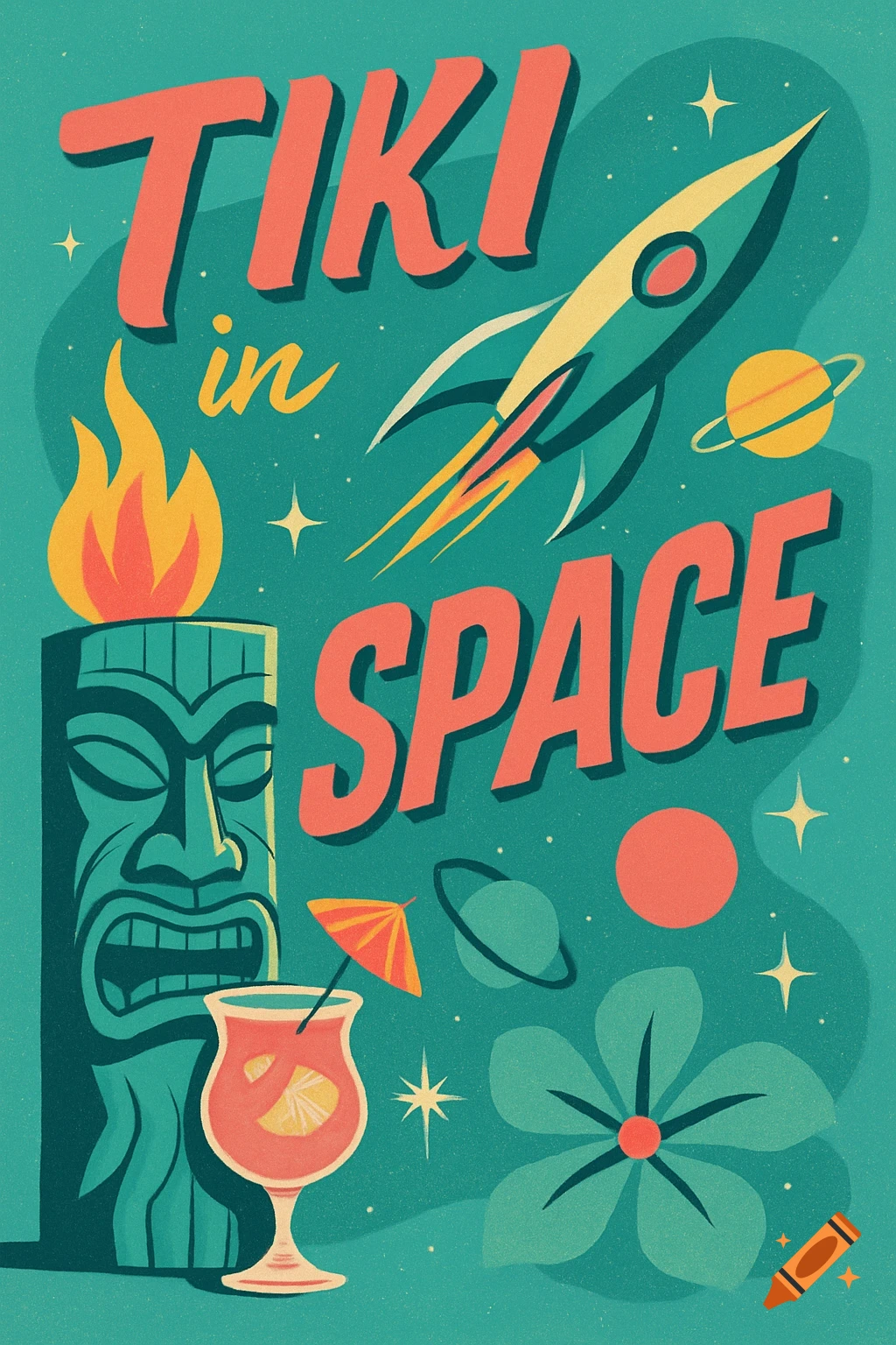 Retro illustration of a tiki mask, rocket, planets, and cocktail with text 'TIKI in SPACE'.