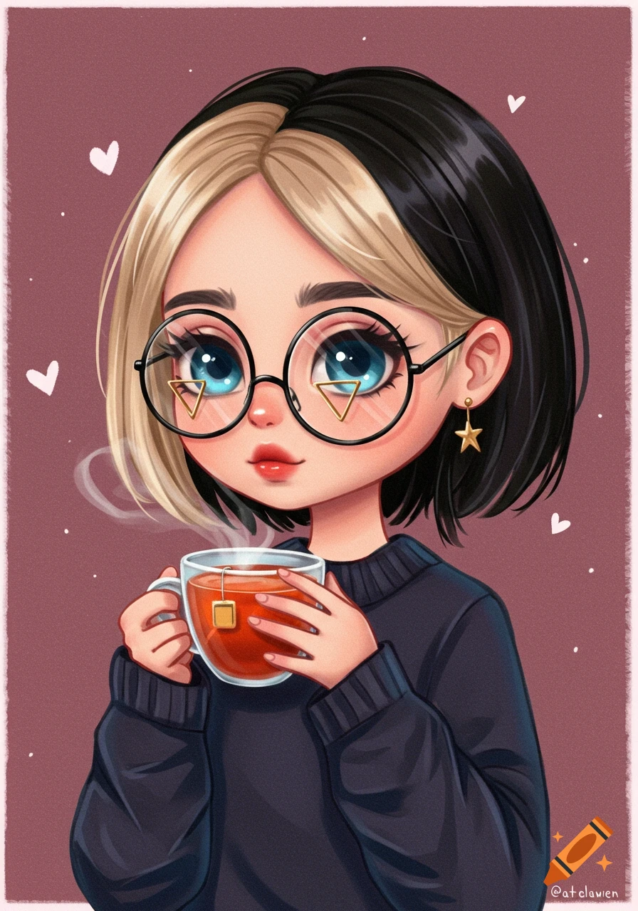 Cartoon portrait of a woman with split hair, round glasses, holding a cup of tea.