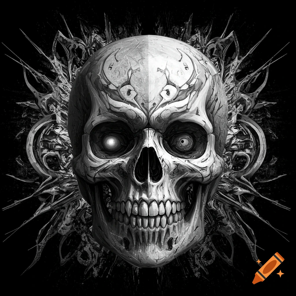 Detailed black and white skull with asymmetrical eyes and spiky abstract shapes behind it