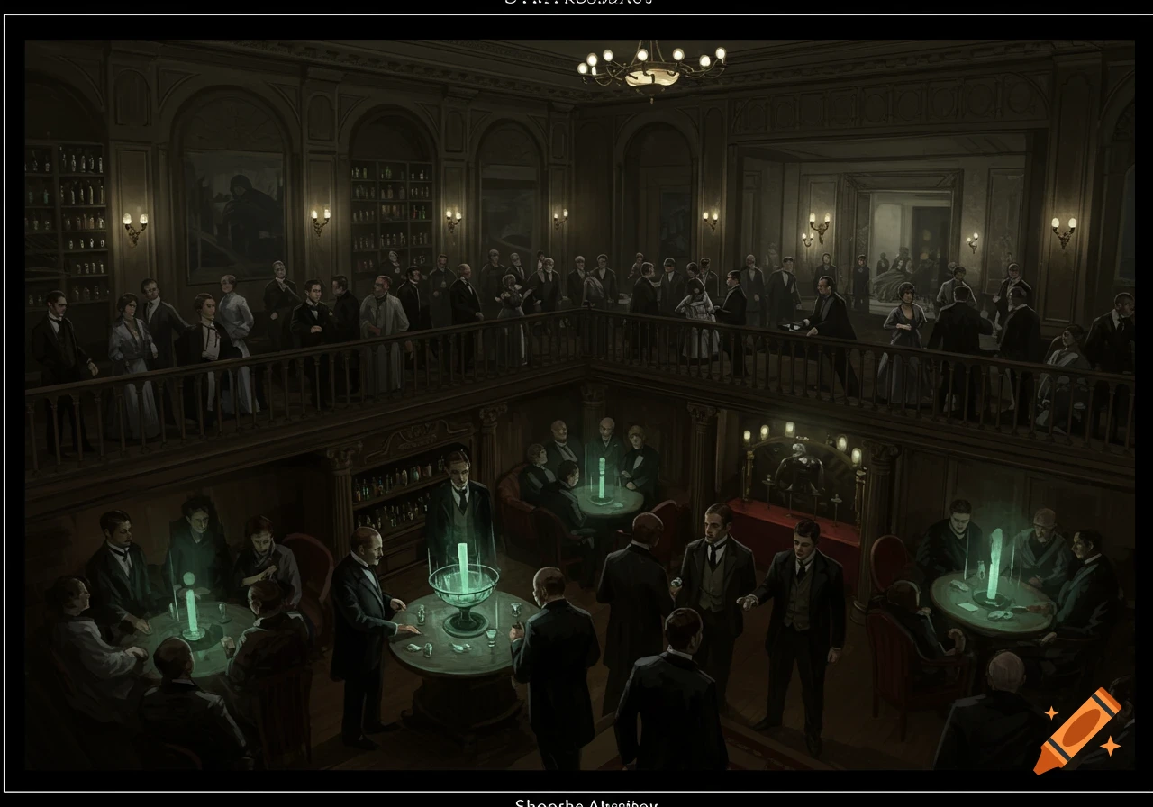 Dark detailed illustration of a speakeasy packed with people around tables with glowing fountains.