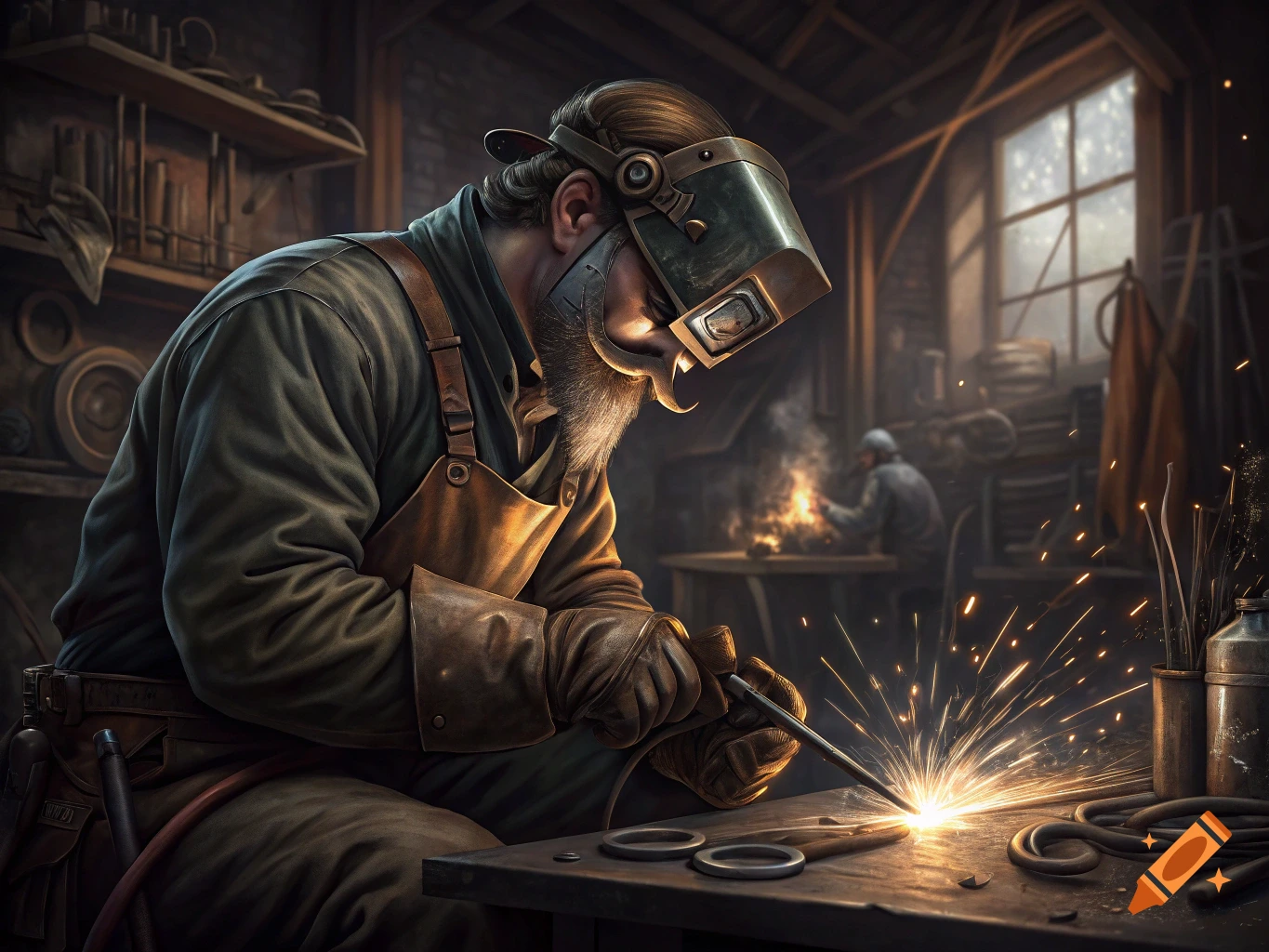 A man wearing a welding mask and apron welds metal in a workshop, sparks flying.
