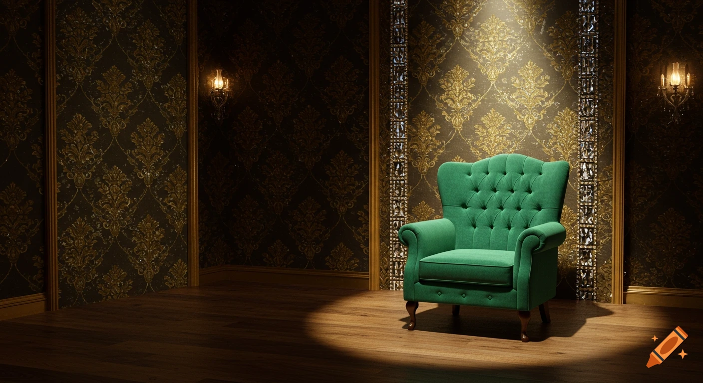 Green tufted armchair in a dark room with patterned wallpaper and spotlights