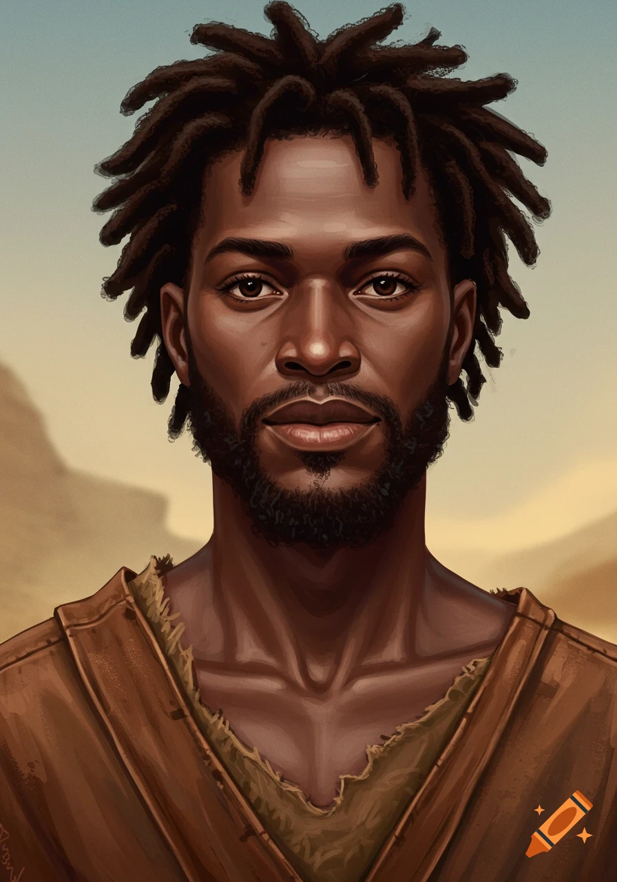 Illustration of a man with dreadlocks and beard wearing rustic clothes.