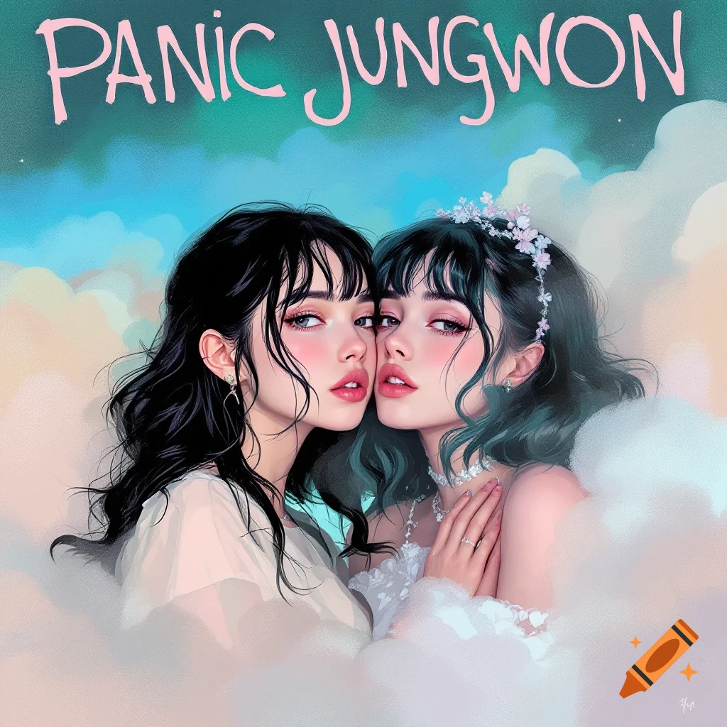 Two young women in white dresses pose closely amidst clouds with pink text "PANIC JUNGWON" above, in a dreamy, illustrative style.