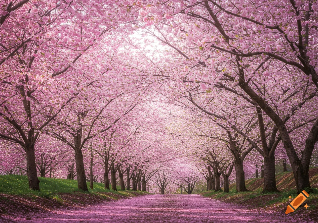 A picturesque path through a tunnel of pink cherry blossom trees with petals covering the ground.