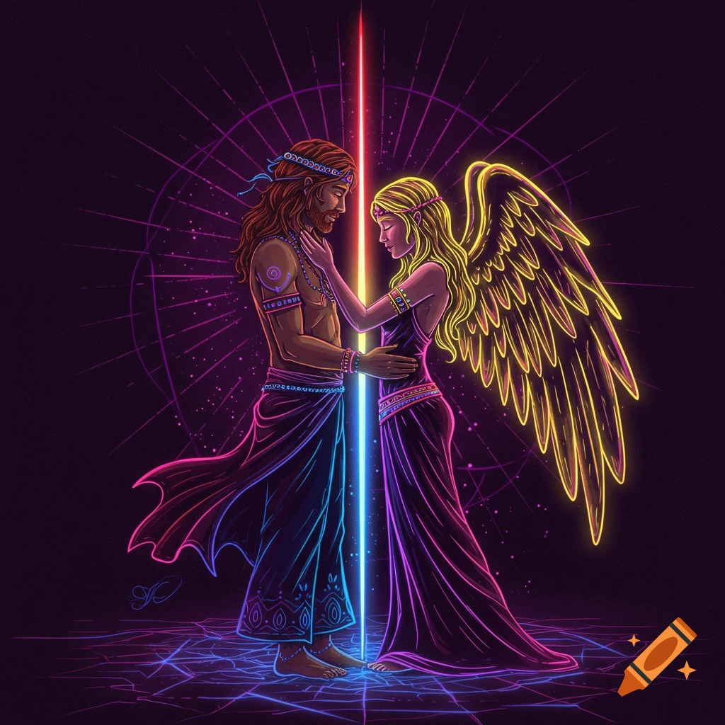 Man and winged woman embrace in glowing neon light, psychedelic art style.