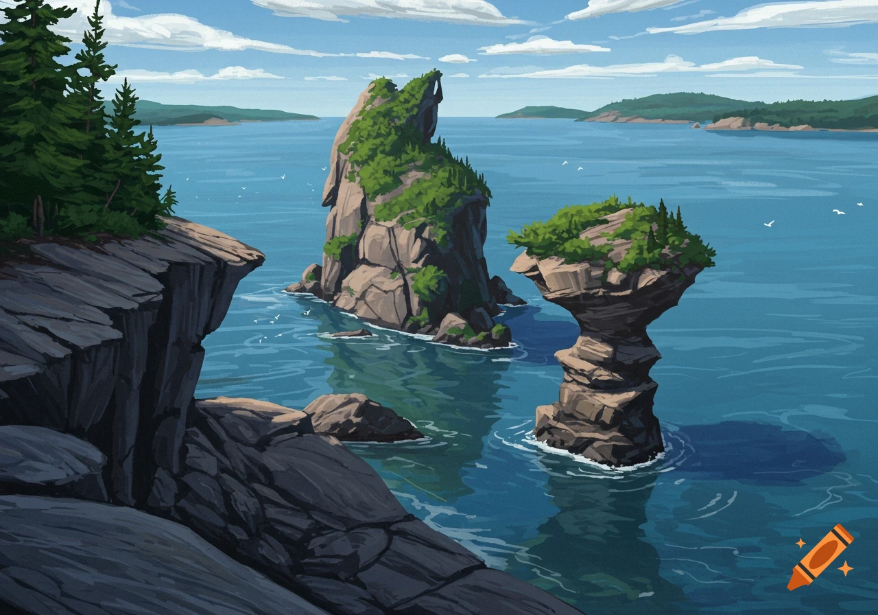 Stylized illustration of sea stacks and cliffs along a coast with water and sky.