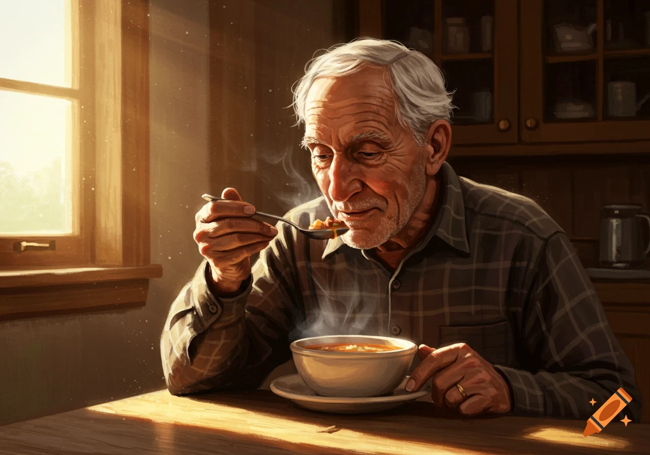 Old man eating a bowl of steaming soup at a sunlit table, close-up, warm lighting style.