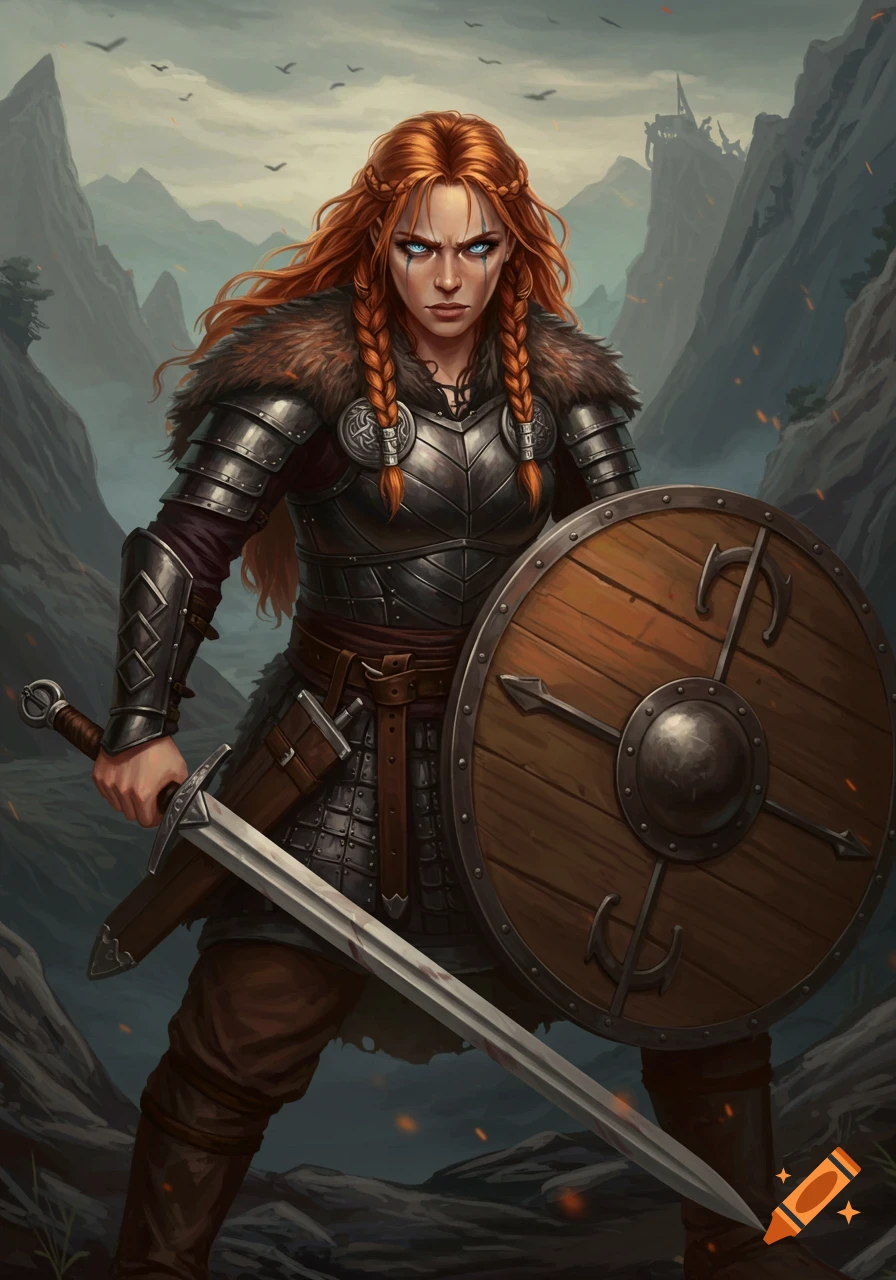 Female Norse warrior with red braids in armor, holding a sword and shield in a mountain landscape.