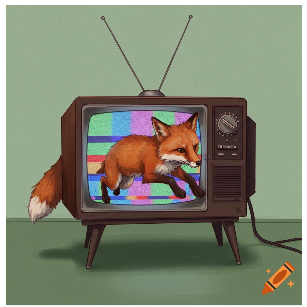 Illustration of a fox jumping out of a vintage television displaying a test pattern.