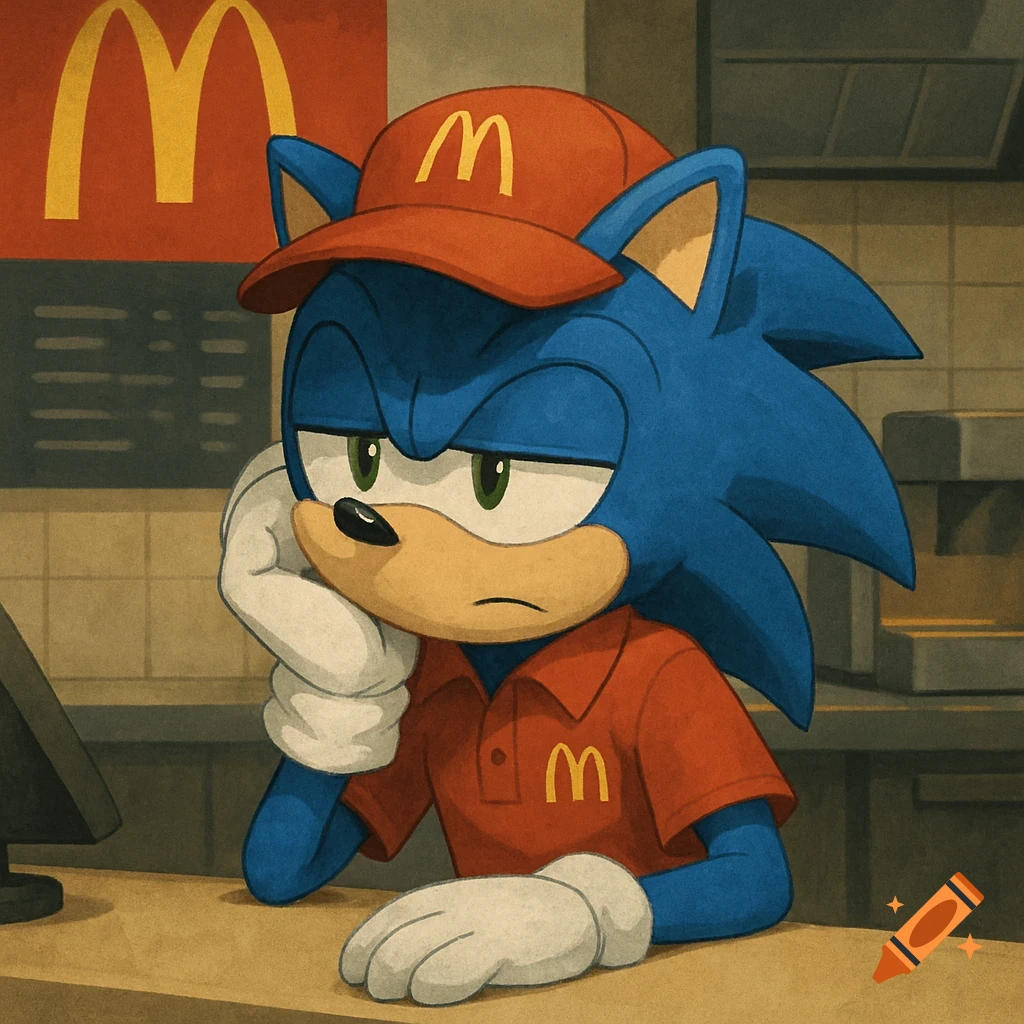 Bored Sonic the Hedgehog in a McDonald's uniform at a counter.