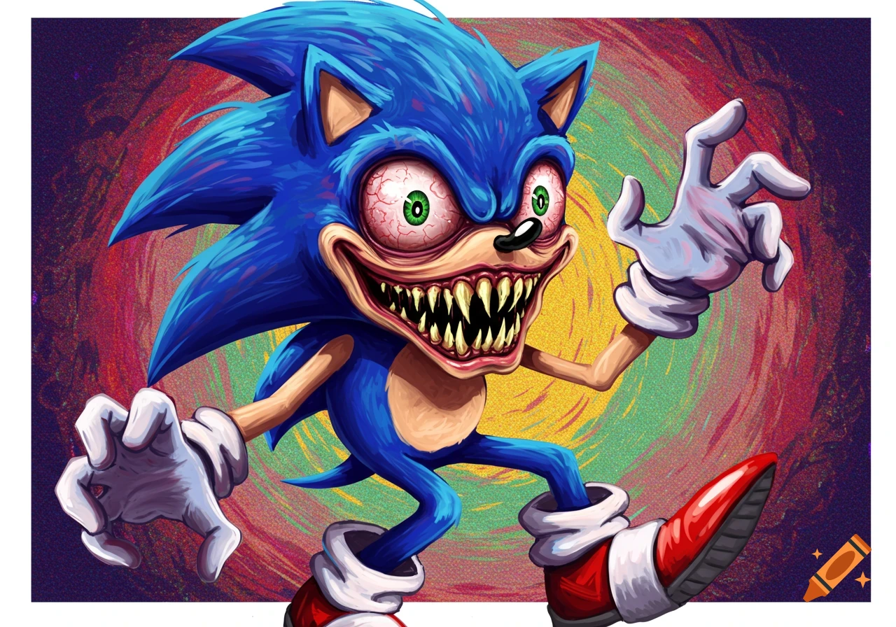 A grotesque, toothy Sonic the Hedgehog with bloodshot eyes runs forward.