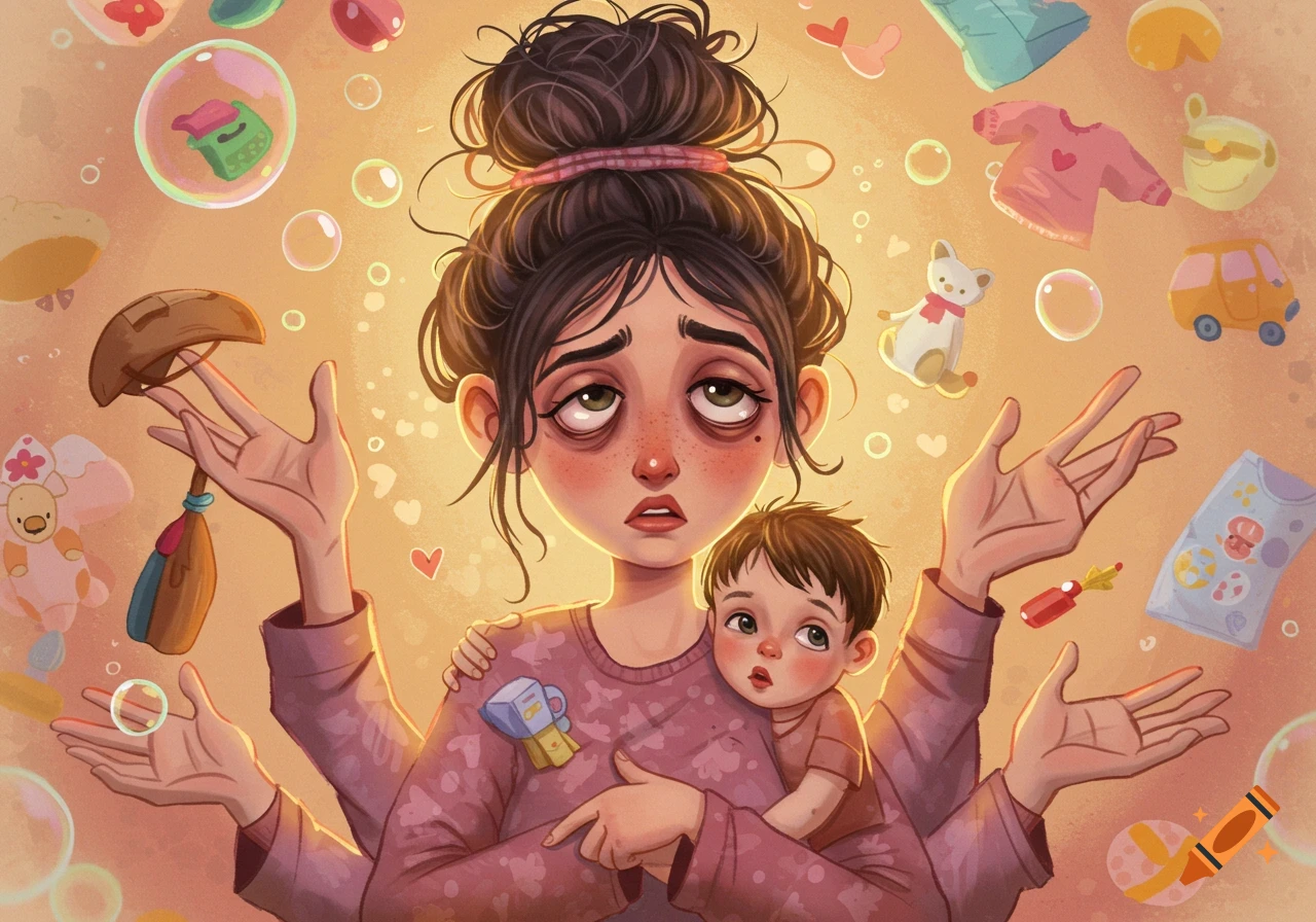 Illustration of an overwhelmed mother with multiple arms juggling a baby and household items.
