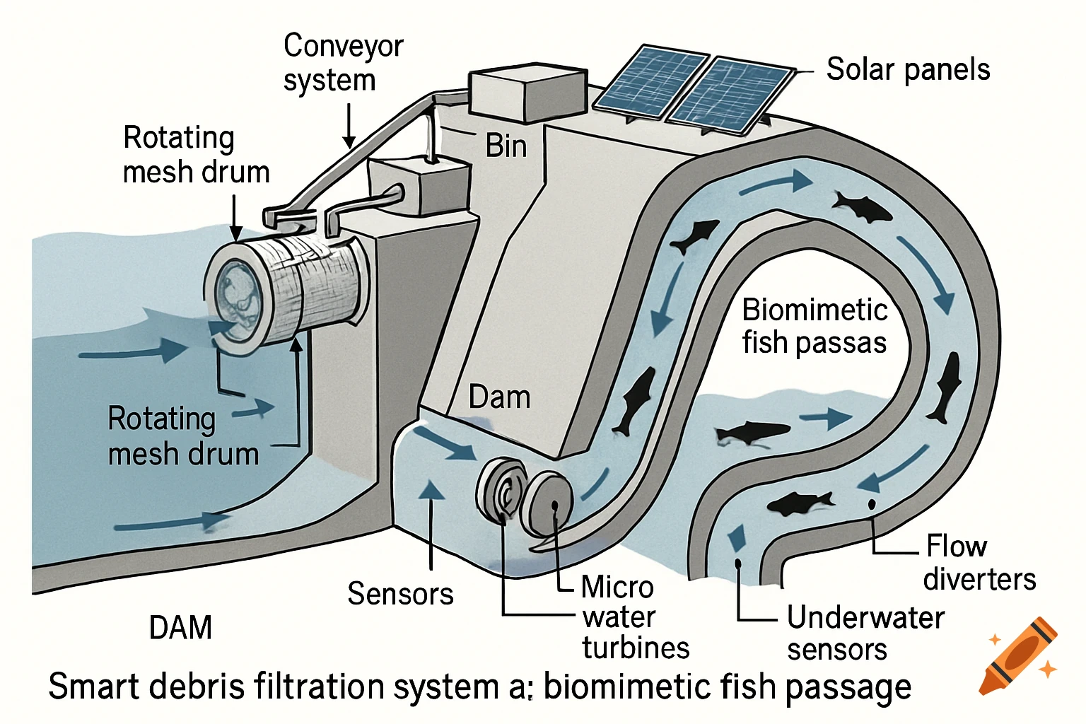 Technical diagram of a smart debris filtration system and biomimetic fish passage integrated into a dam.