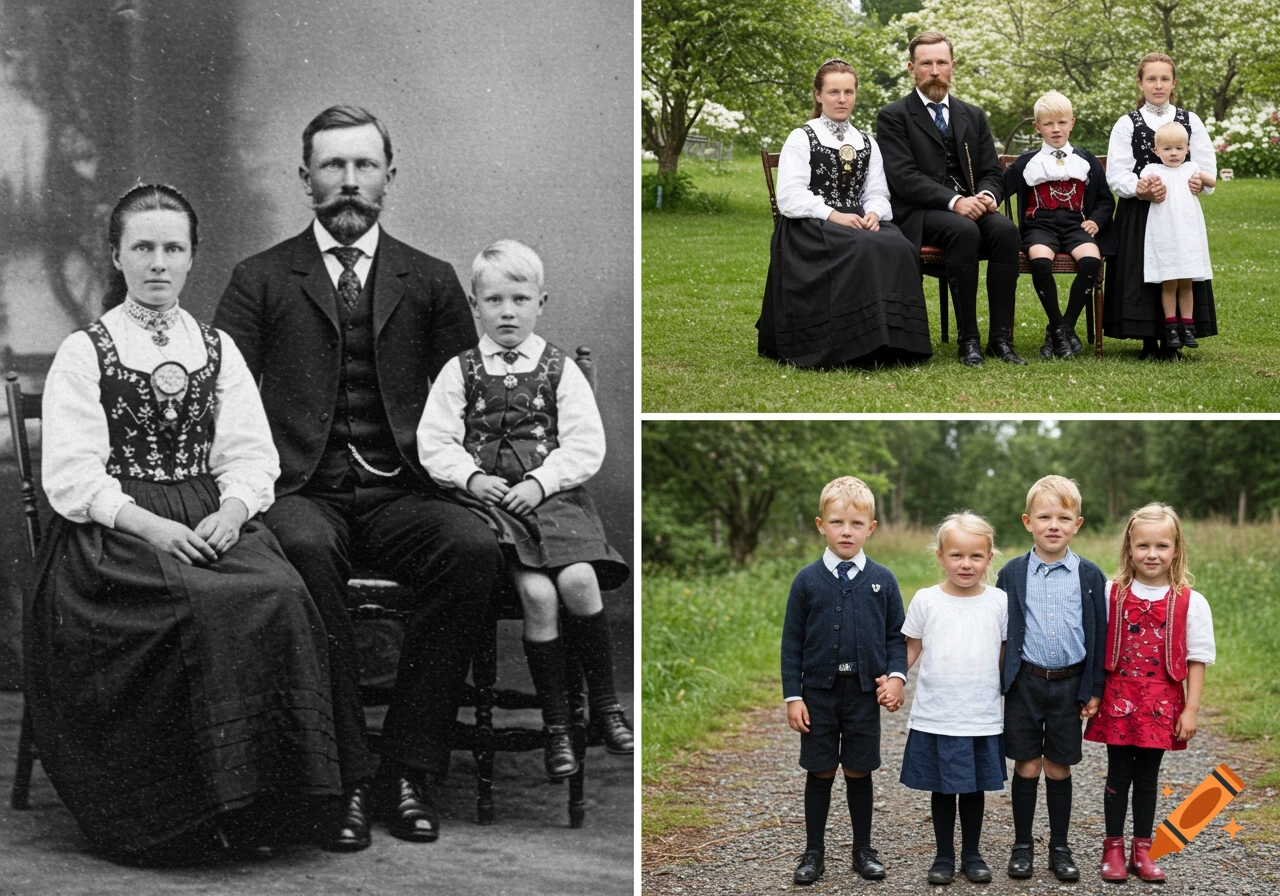 Side-by-side comparison of three family photos: an old black and white portrait, a color portrait of a family outdoors, and a color photo of four children outdoors, all wearing traditional clothing.