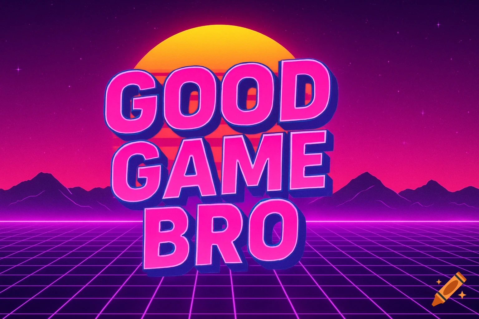 Synthwave style image with large pink text 'GOOD GAME BRO' over a grid and mountains under a sunset.