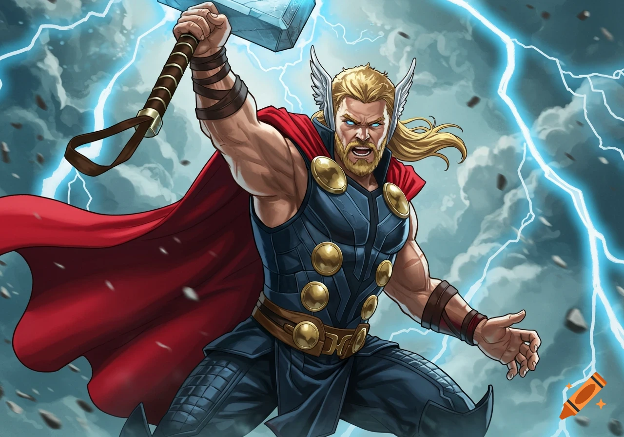 Thor raises Mjolnir as lightning flashes around him in a comic book style illustration.