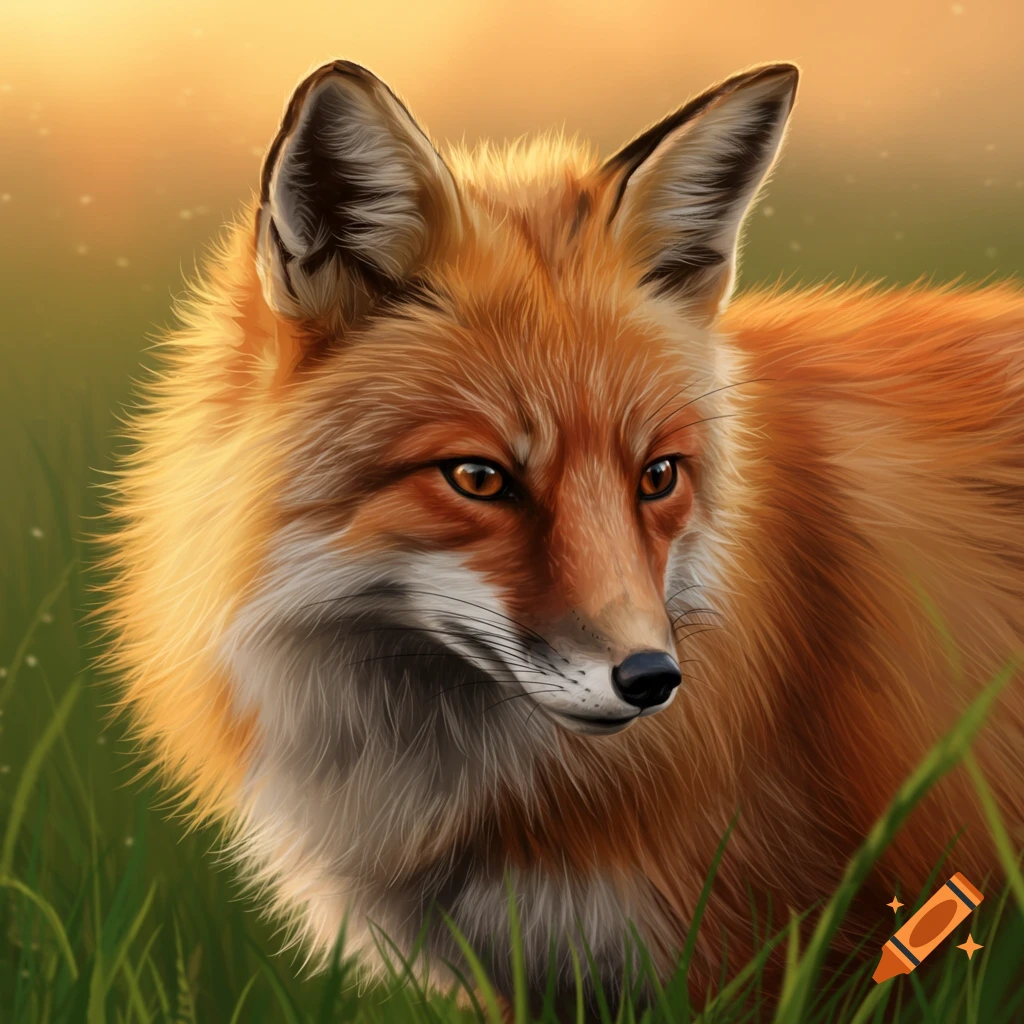 Close-up portrait of a red fox in a field at sunset.