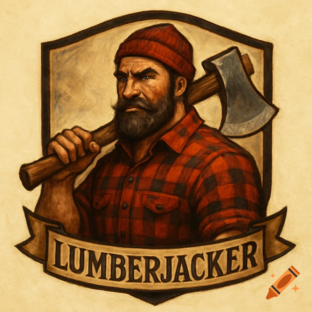 Illustration of a bearded lumberjack in a red plaid shirt, holding an axe, in a logo shield with 'LUMBERJACKER' banner.