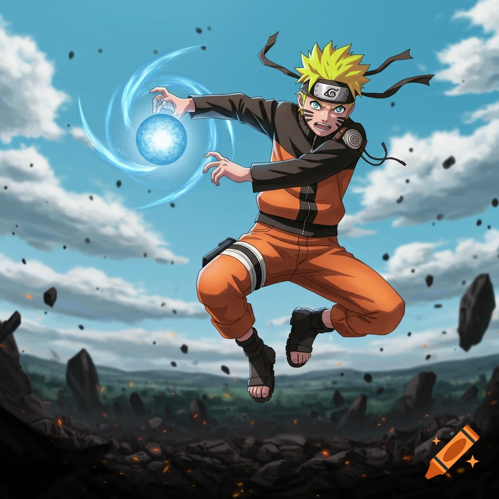 Anime illustration of Naruto Uzumaki jumping, holding a blue Rasengan in a dynamic scene with flying debris.