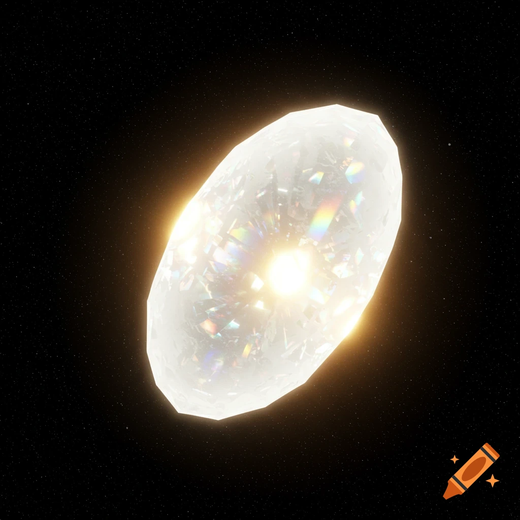 A glowing, multifaceted oval gem floats in a field of stars.