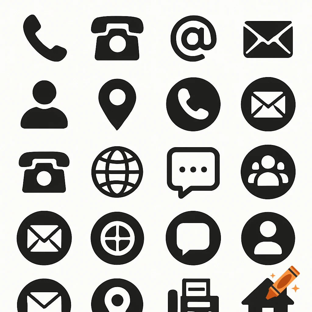 Grid of black and white contact icons including phone, email, person, and location symbols.