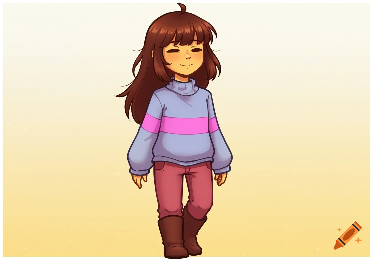 Cartoon drawing of a character from Undertale wearing a blue and purple striped sweater, pink pants, and brown boots, walking.