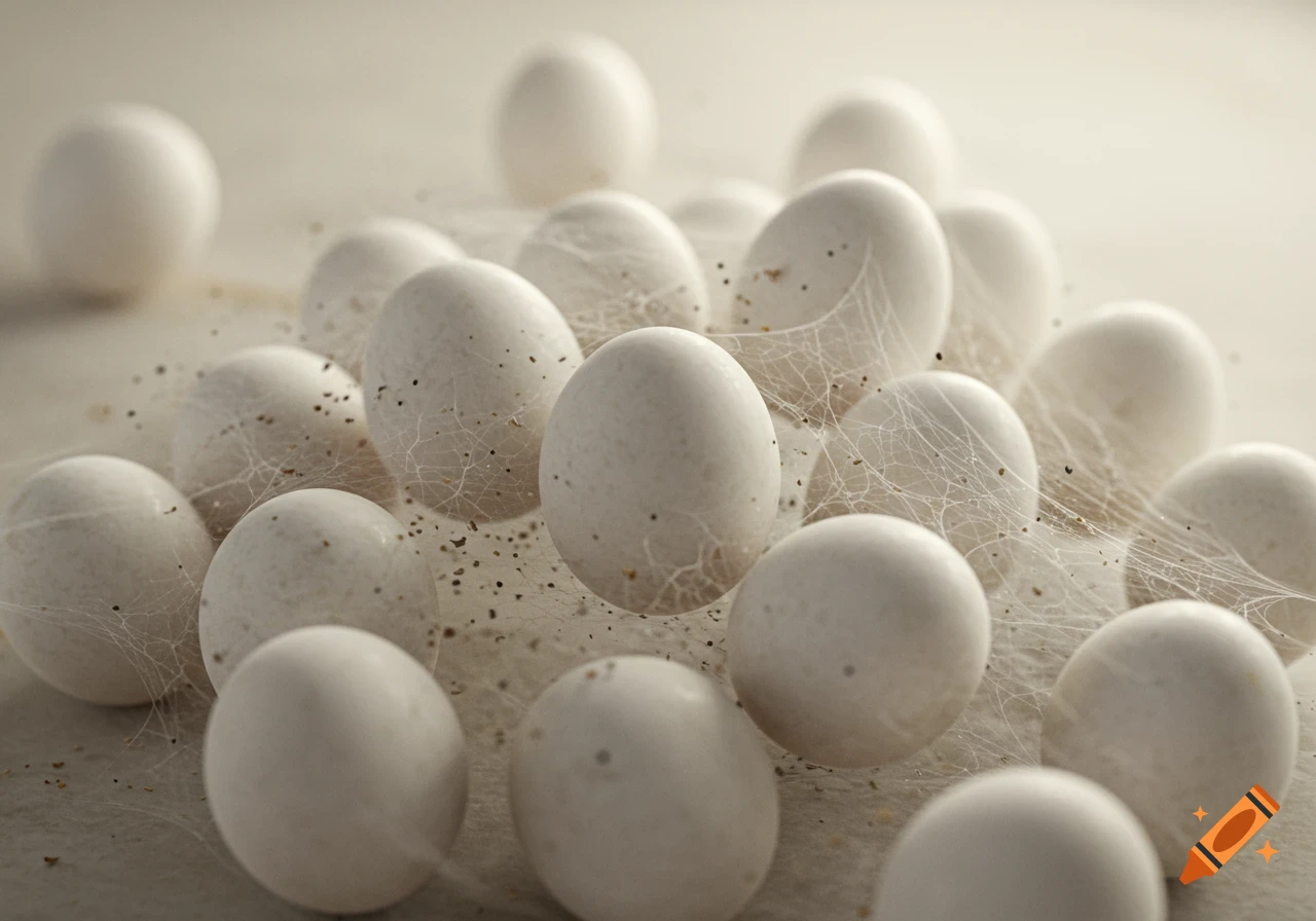 Close-up of white eggs connected by spiderwebs, with scattered specks. Dreamy, soft pale light.