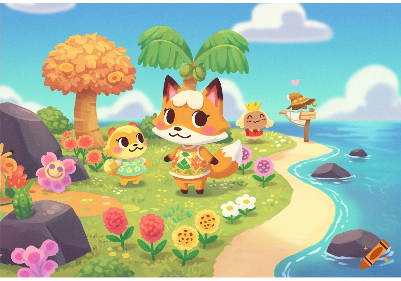 Animal Crossing style characters, a fox and a squirrel, standing on a beach with palm trees and flowers.