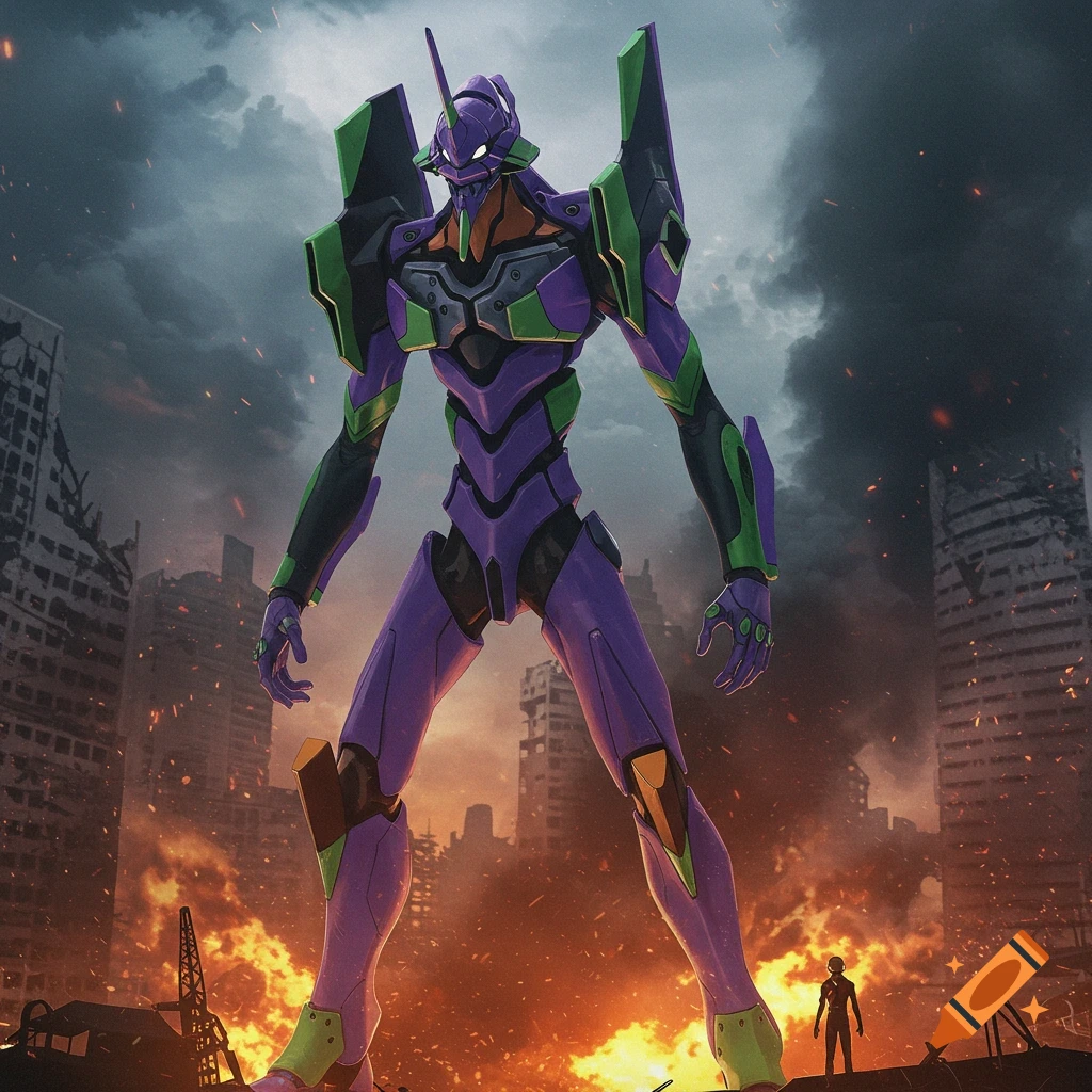 Giant purple and green mecha stands in a ruined city with fire and smoke, a small person at its feet