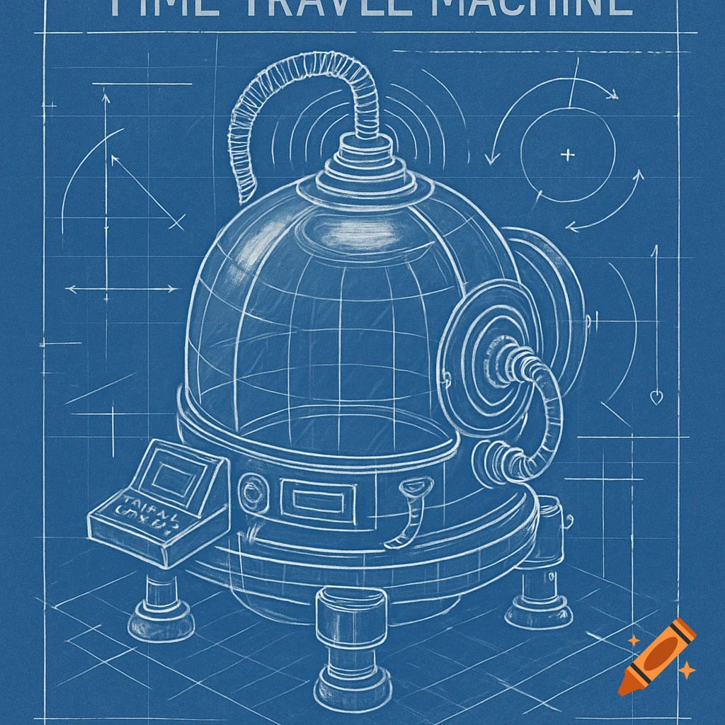 Blueprint drawing of a time travel machine on a blue background.
