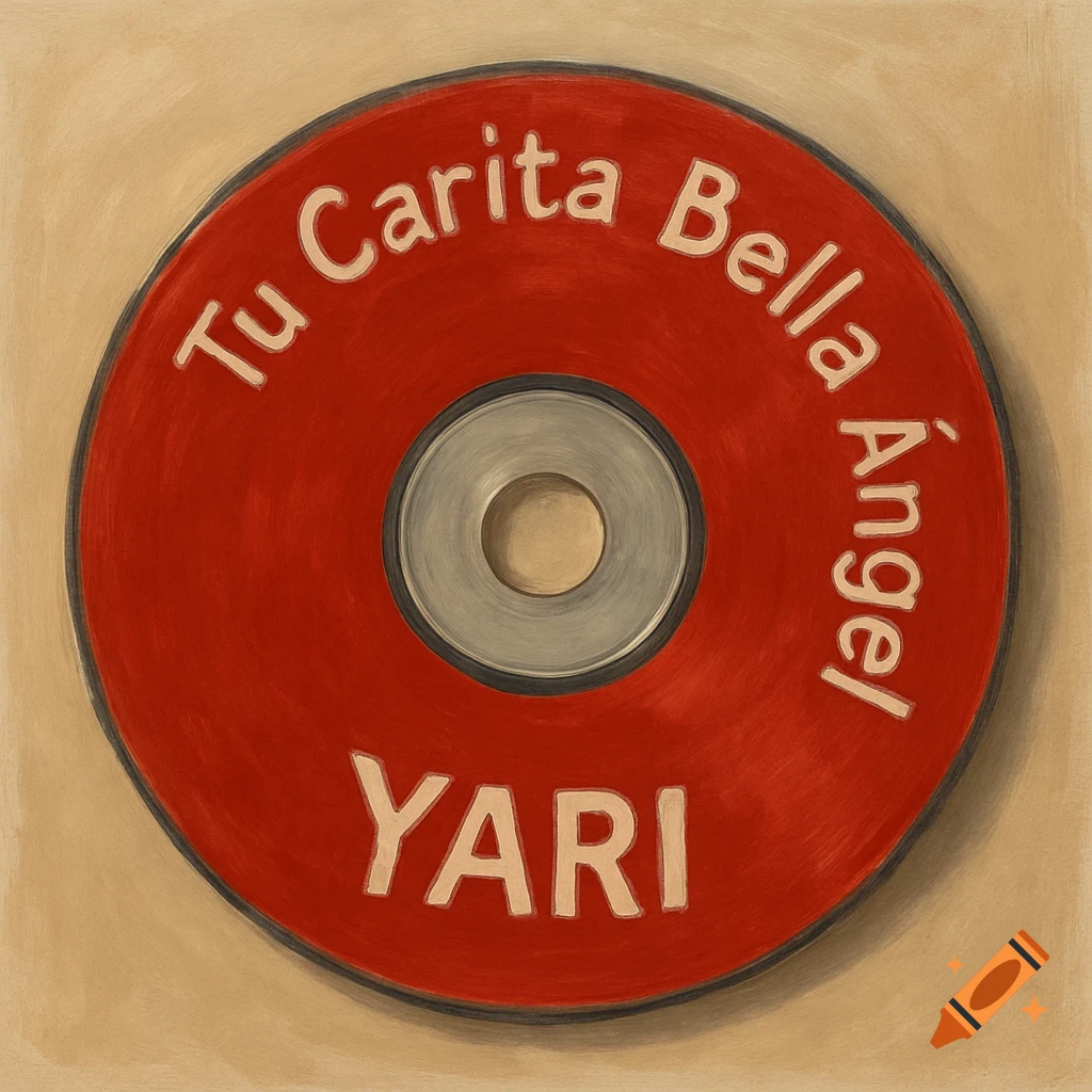 An illustration of a red CD with 'Tu Carita Bella Ángel' and 'YARI' written on it.