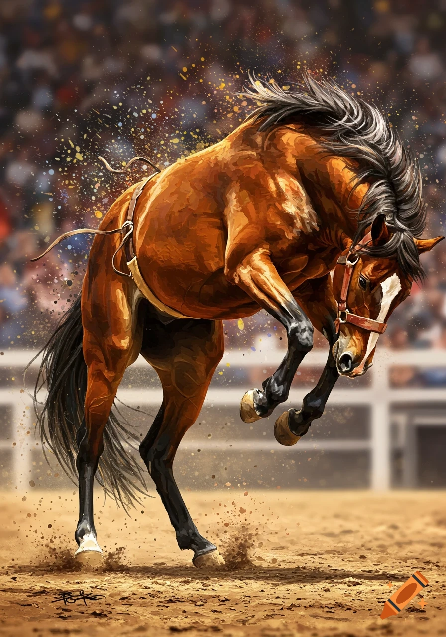 Illustration of a brown bucking horse kicking up dirt in a rodeo arena with spectators in the blurred background.