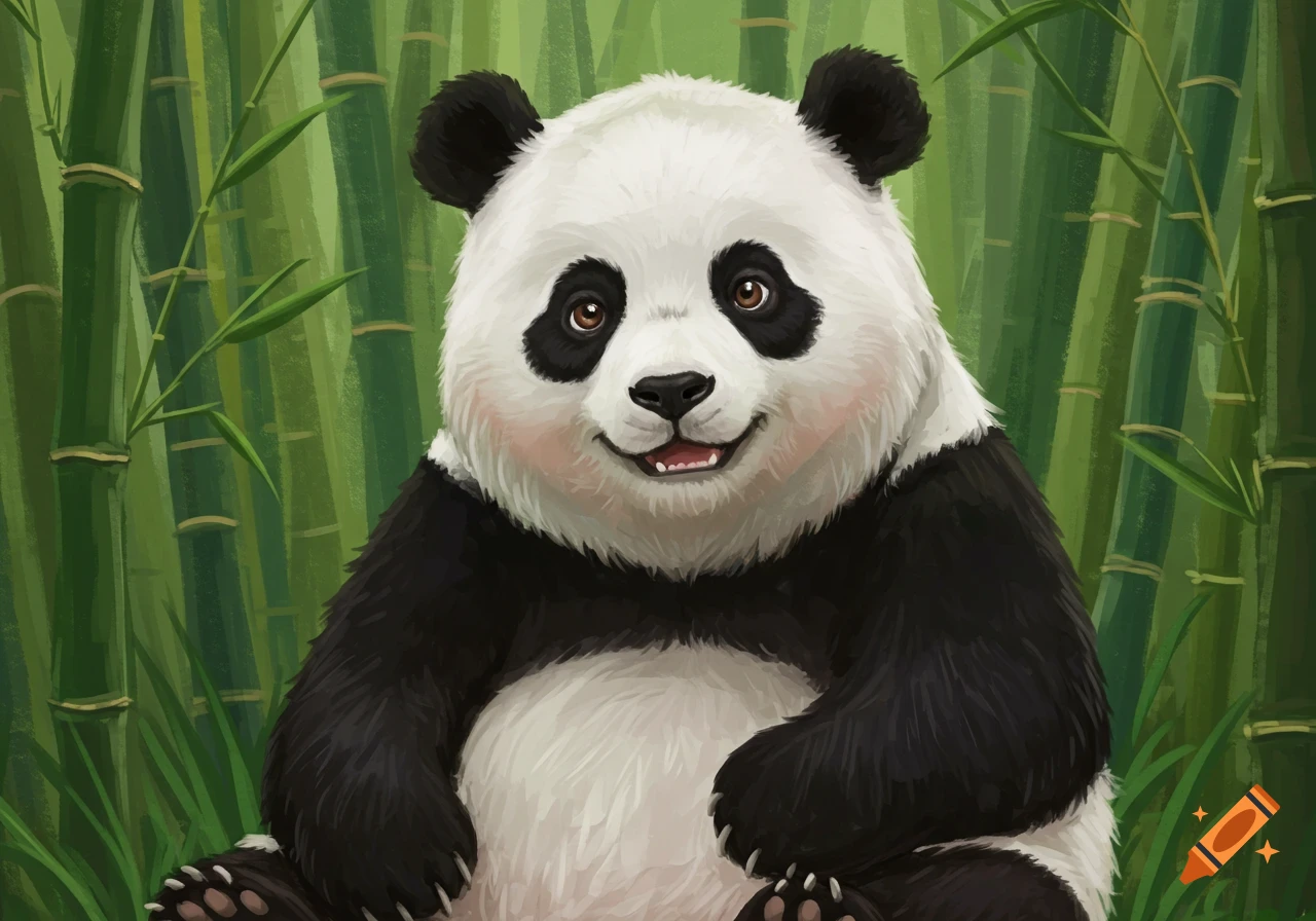 Illustrated portrait of a smiling panda sitting in front of bamboo stalks.