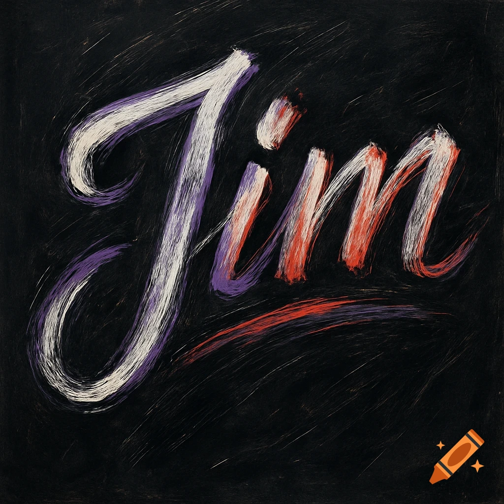 Cursive sketch of the word Jim in white, purple, and red brushstrokes on a black background.