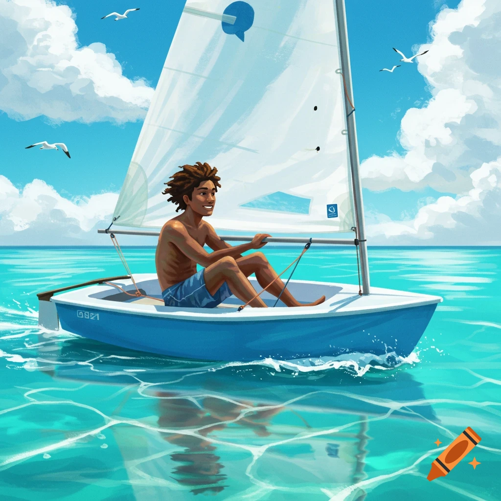 Illustration of a person sailing a small boat on clear blue water under a sunny sky with seagulls.