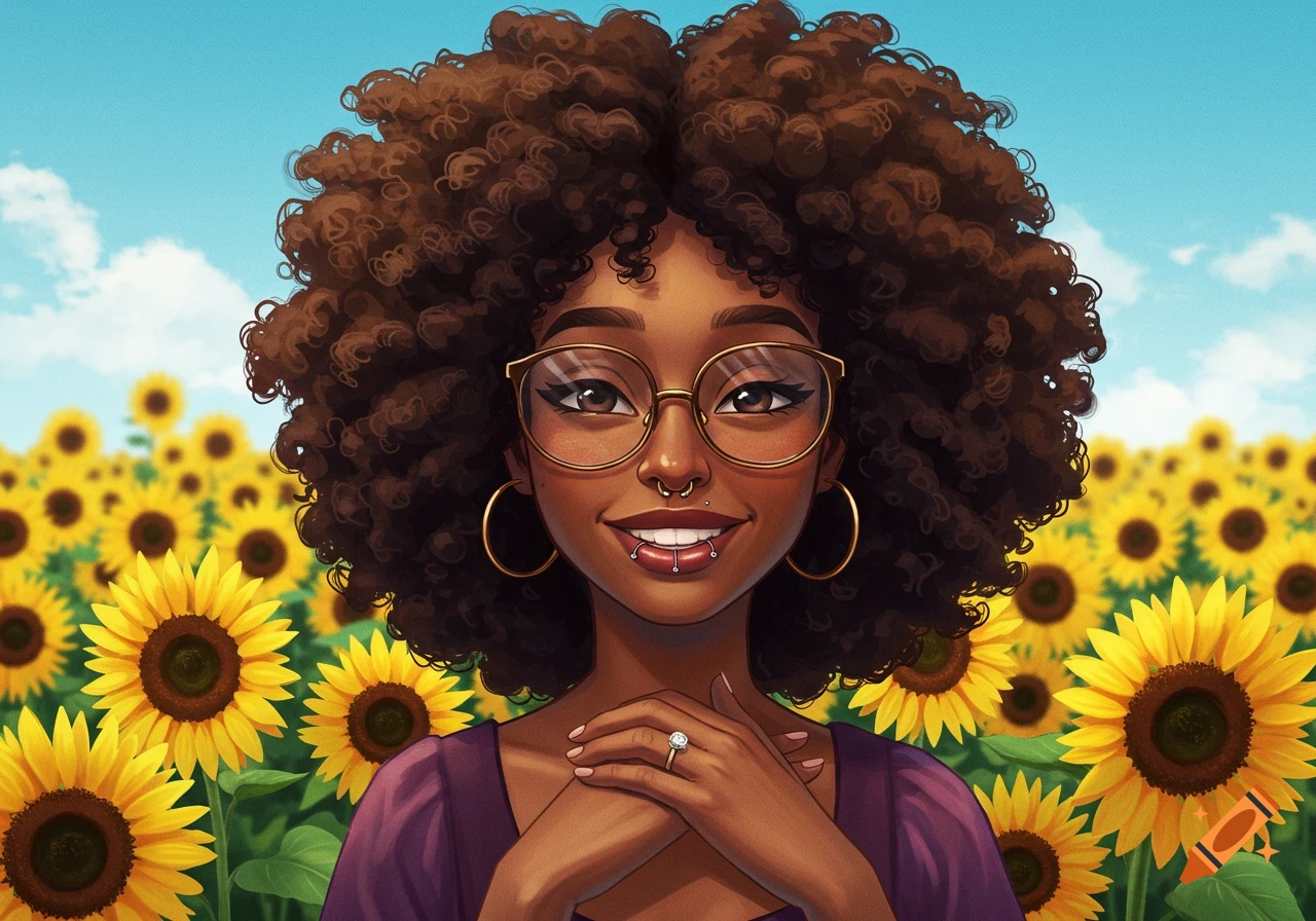 Illustration of a smiling Black woman with glasses, piercings, and an afro in a sunny field of sunflowers.
