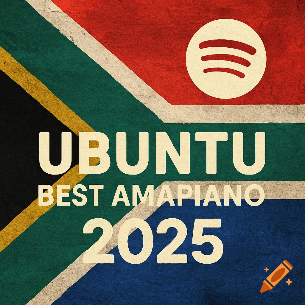 Stylized South African flag background with 'UBUNTU BEST AMAPIANO 2025' text and Spotify logo.