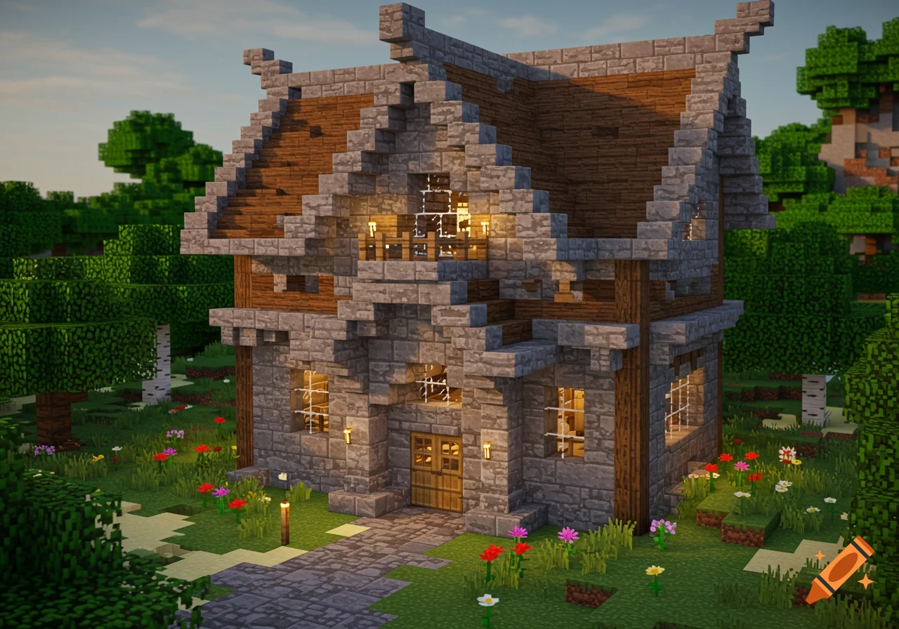 A detailed Minecraft house made of stone and wood blocks in a sunny, grassy field with flowers.