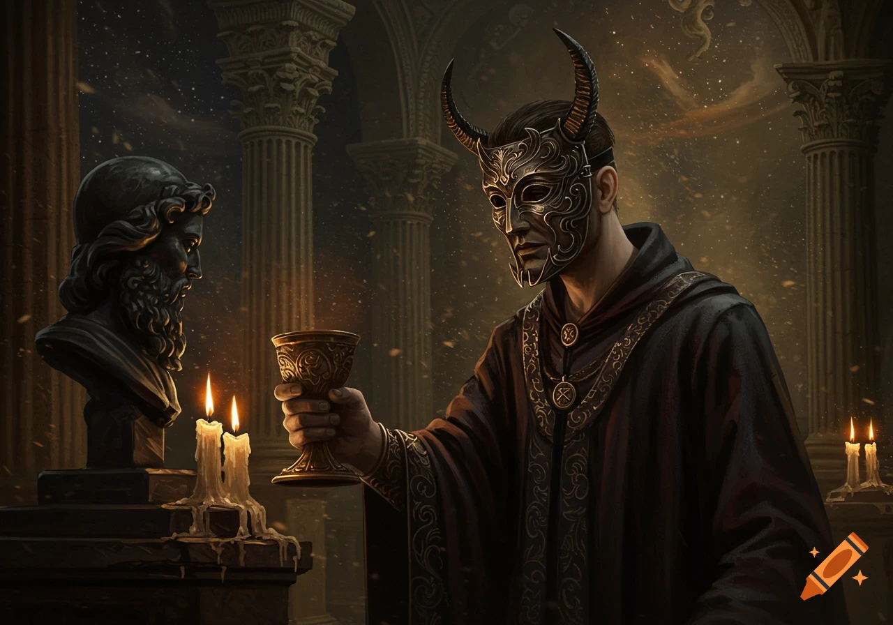 Masked figure in a ritual robe holds a chalice near a bust and candles ...