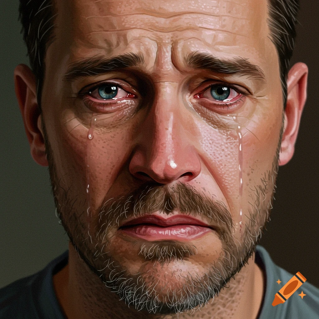 Close-up digital painting of a sad man crying.