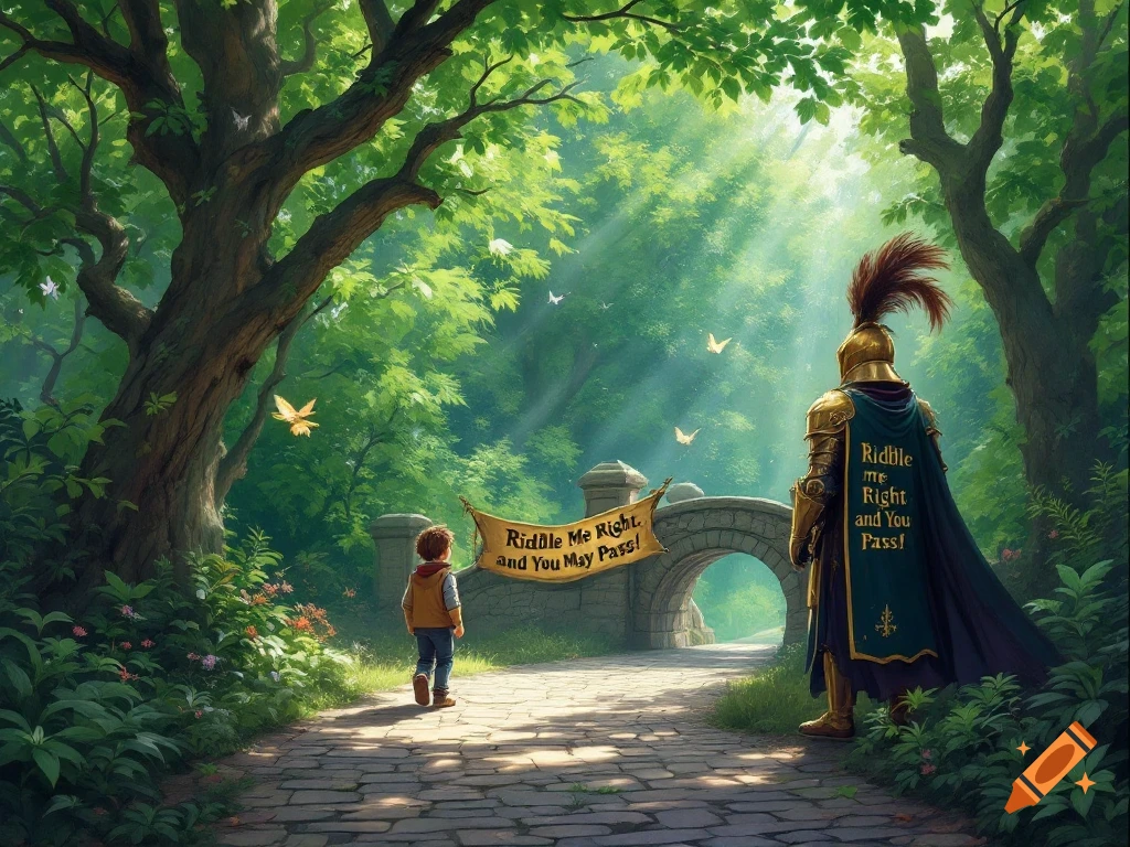 A young boy approaches a golden-armored knight standing by an archway in a sunlit forest. A banner reads 'Riddle Me Right, and You May Pass!'.