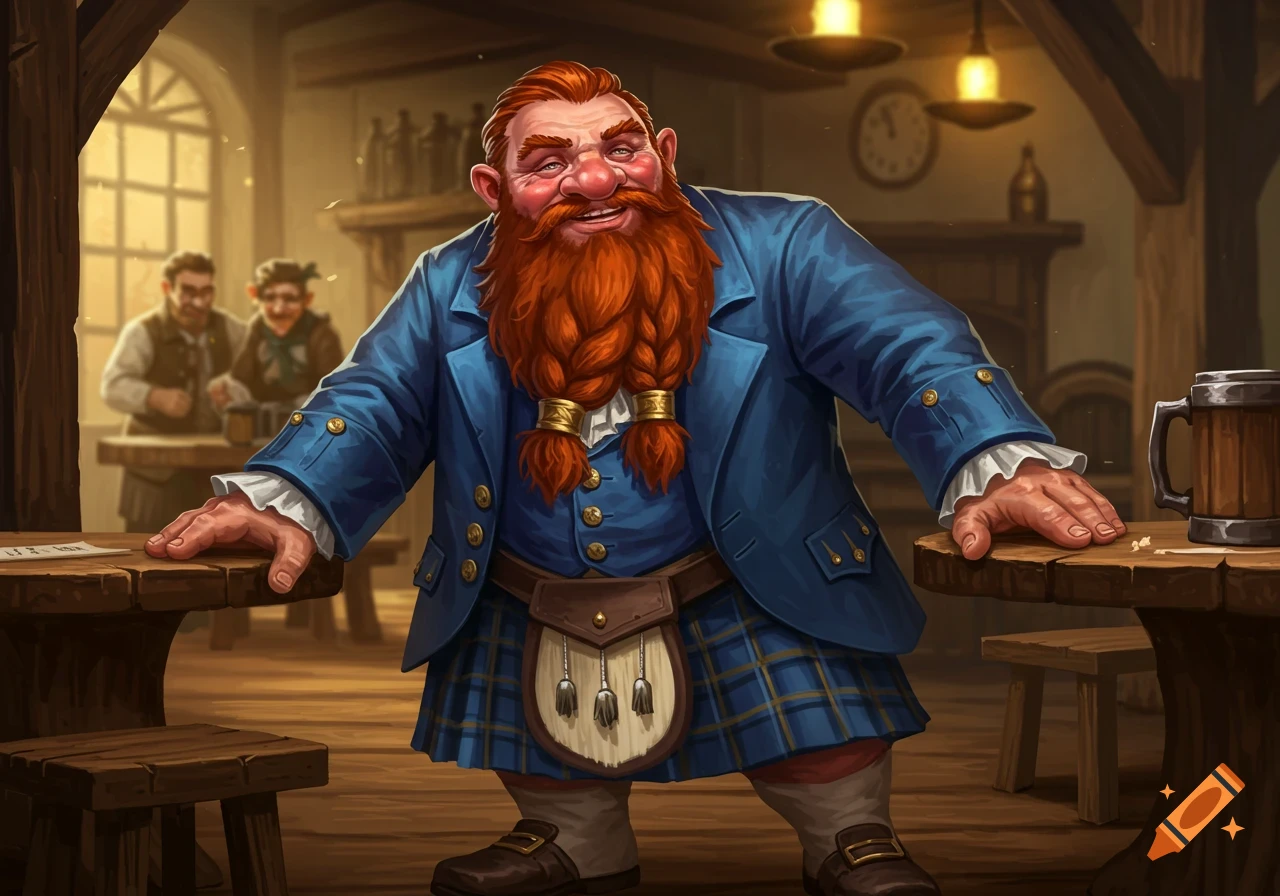 A smiling dwarf with a red beard, wearing a blue coat and kilt, stands at a table in a tavern.