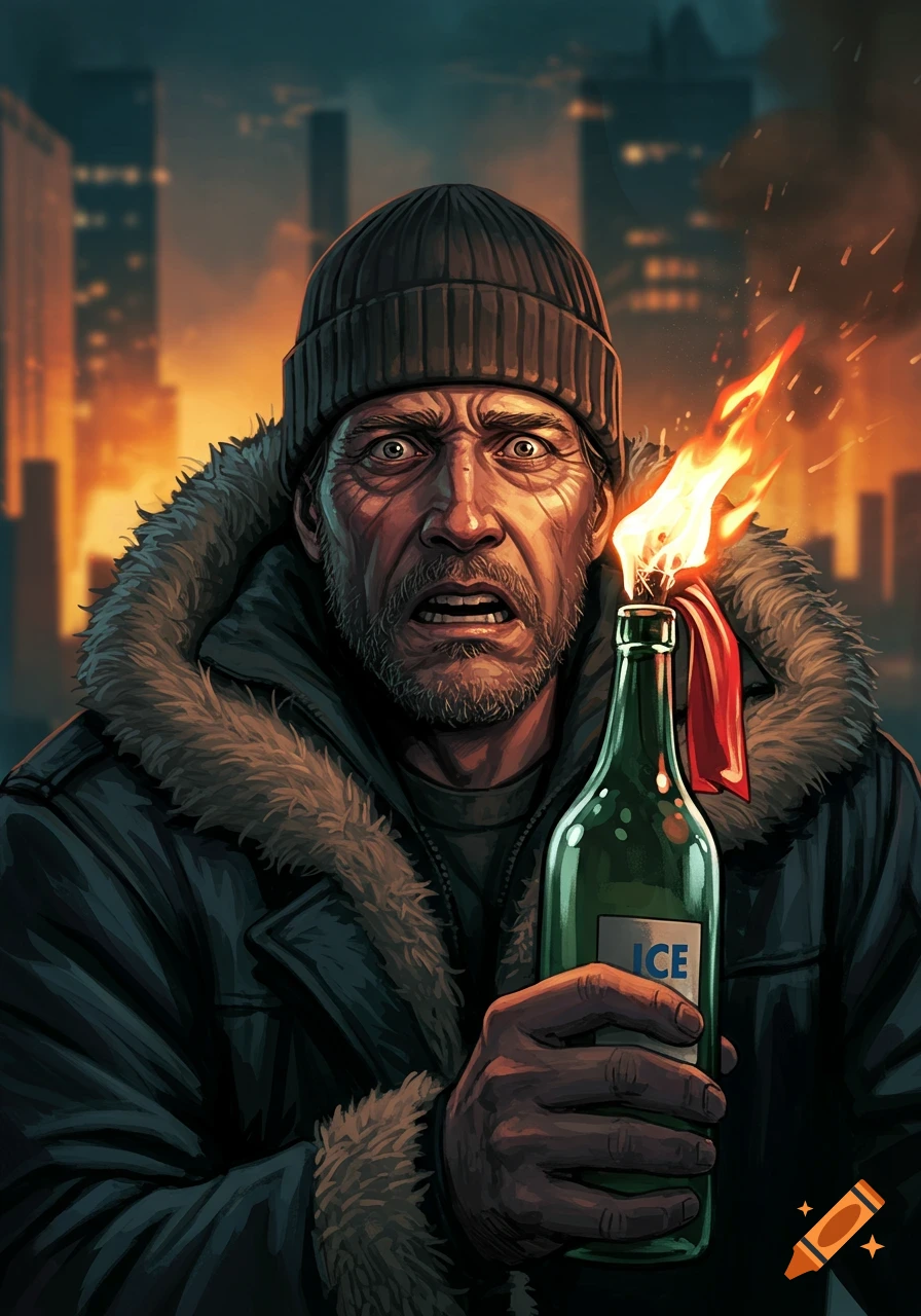 Illustration of a scared man holding a flaming molotov cocktail in a cityscape.