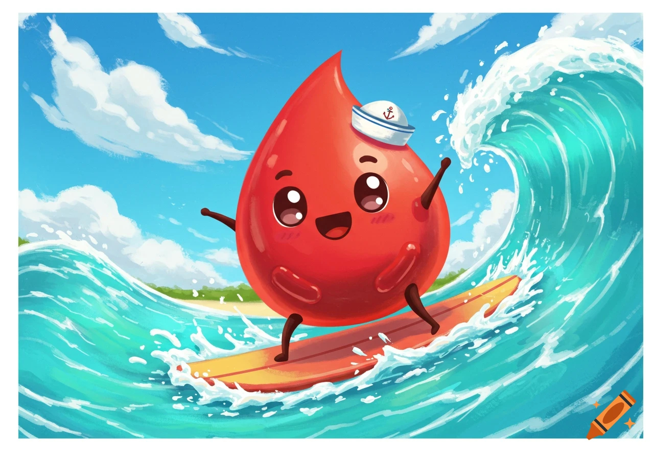 A cute red cartoon blood cell wearing a sailor hat surfs on a wave in a kawaii style.
