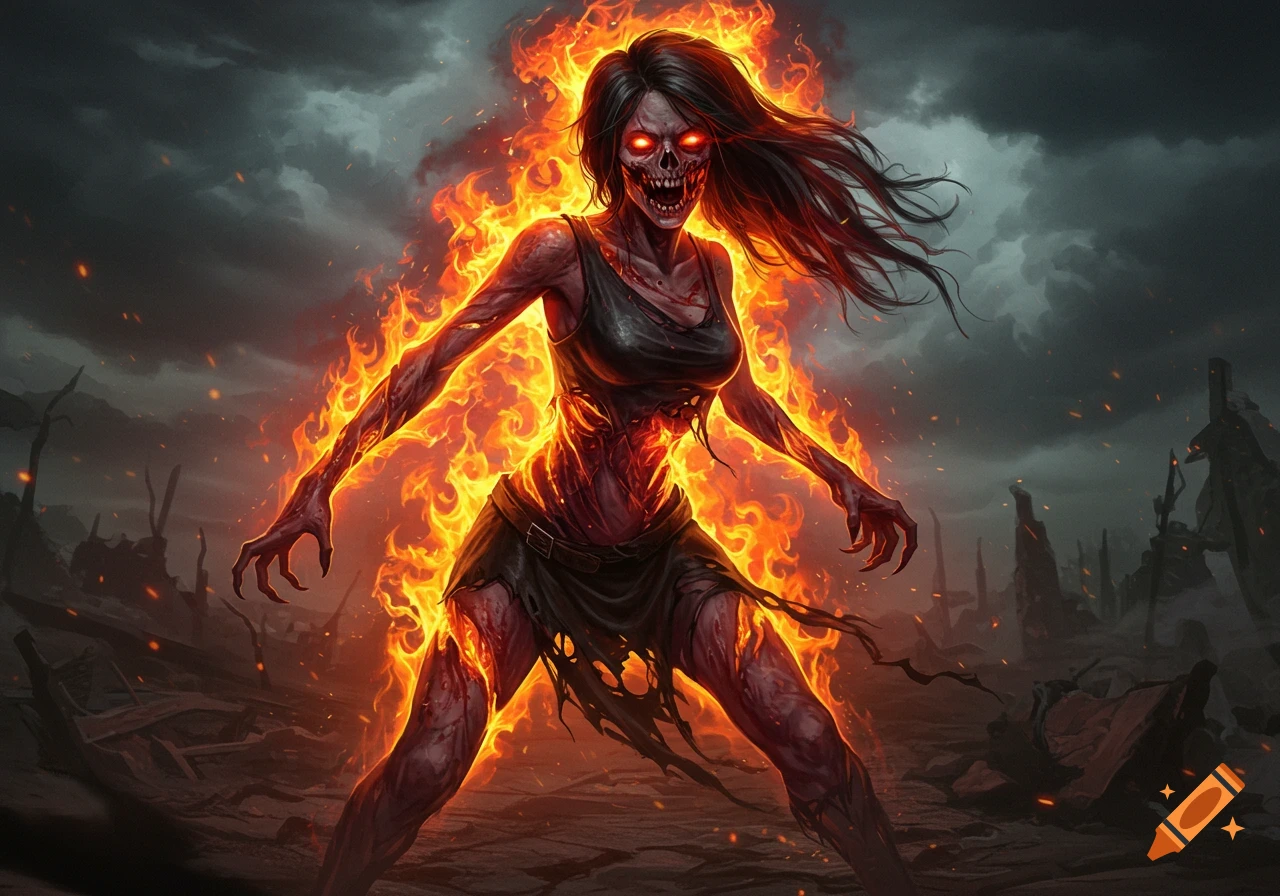 A female zombie figure engulfed in flames stands in a destroyed landscape.