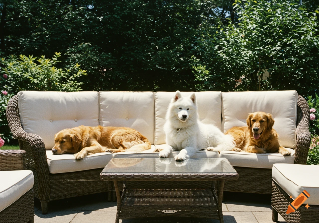 Three dogs lounge on a sofa on a sunny outdoor patio.