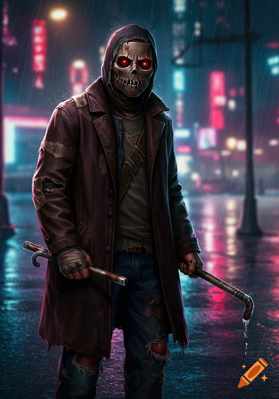 A masked figure in a hooded coat holds pipes like weapons in a rainy city street.